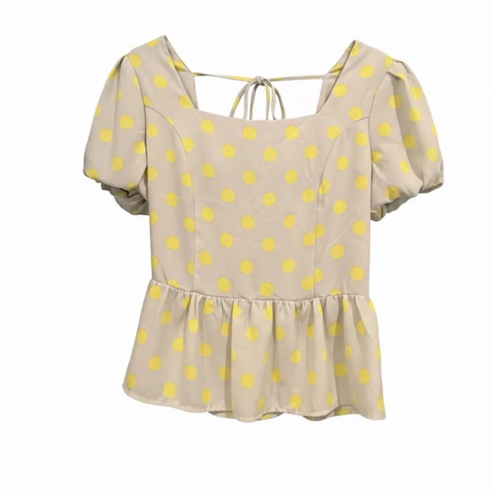 Lily White Gray Blouse with Yellow Polka Dots - Picture 2 of 5